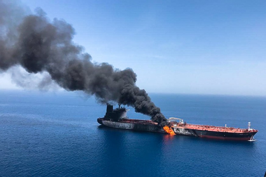 An oil tanker is seen after it was attacked at the Gulf of Oman, June 13, 2019. ISNA/Handout via REUTERS ATTENTION EDITORS - THIS IMAGE WAS PROVIDED BY A THIRD PARTY. NO RESALES. NO ARCHIVES