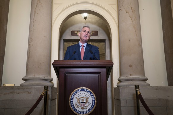 Speaker of the House Kevin McCarthy, R-Calif., speaks at the Capitol in Washington, Tuesday, Sept. 12, 2023. McCarthy says he's directing a House committee to open a formal impeachment inquiry in ...