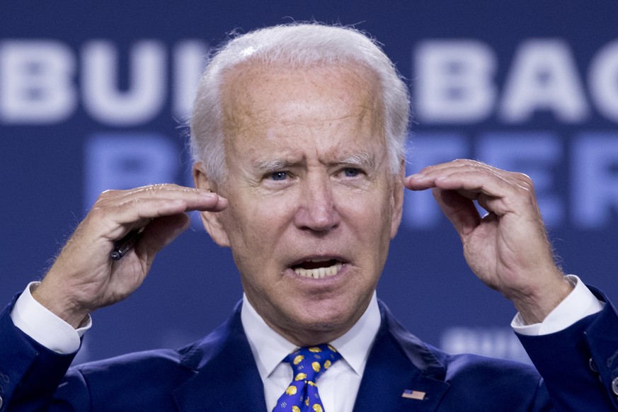 FILE - In this July 28, 2020 file photo, Democratic presidential candidate former Vice President Joe Biden speaks at a campaign event at the William &quot;Hicks&quot; Anderson Community Center in Wilm ...