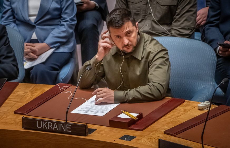 20.09.2023, USA, New York: Wolodymyr Selenskyj, Präsident der Ukraine, nimmt an der Sitzung des UN Sicherheitsrat zum Thema Ukraine teil. Während der Vollversammlung der Vereinten Nationen (VN) befass ...