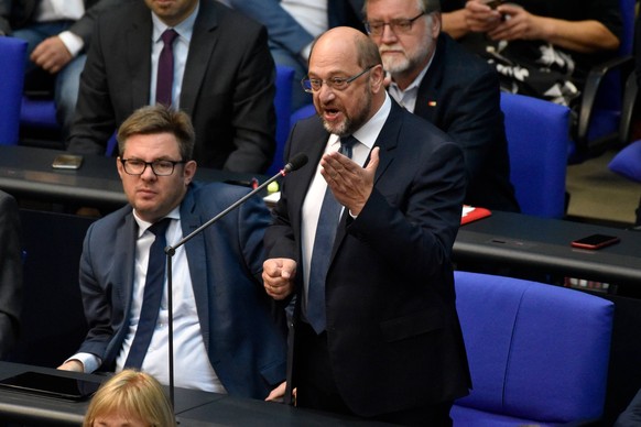 Germany, Berlin - 12.09.2018 Martin Schulz (SPD) spricht w??hrend der 48. Sitzung des Bundestags. *** Germany Berlin 12 09 2018 Martin Schulz SPD speaks during the 48th session of the Bundestag