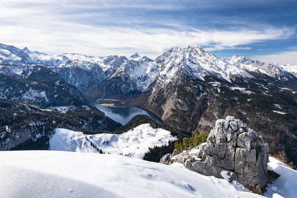 Blick vom Jenner auf Königssee und Watzmann, Nationalpark Berchtesgaden, Berchtesgadener Alpen, Schönau am Königssee, Berchtesgadener Land, Bayern, Deutschland, Europa *** View from Jenner to Königsse ...