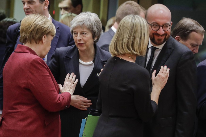 Prime Minister of the Netherlands Mark Rutte, Prime Minister of the United Kingdom Theresa May, Chancellor of Germany Angela Merkel and Belgian Prime Minister Charles Michel pictured during on the fir ...