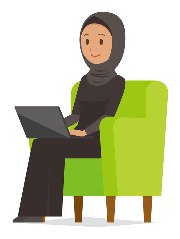 An arab woman wearing ethnic costumes is sitting on a sofa and operating a laptop computer