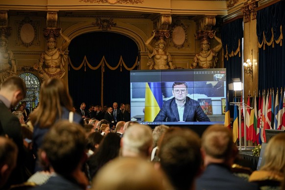 Ukrainian Foreign Minister Dmytro Kuleba addresses the participans via video link at the first edition of the Black Sea Security Conference within the International Crimea Platform at the National Mil ...