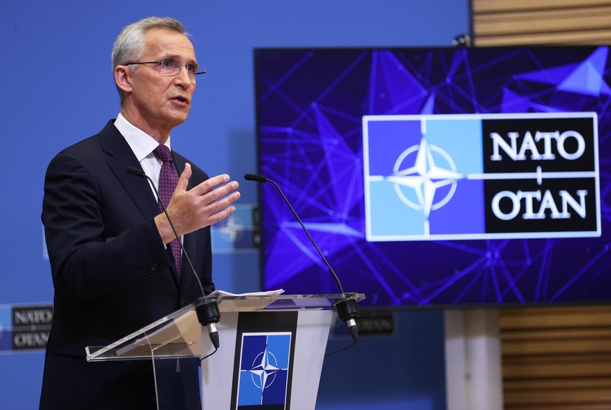 BRUSSELS, BELGIUM - JUNE 15: North Atlantic Treaty Organization (NATO) Secretary General Jens Stoltenberg holds a press conference ahead of a NATO Defence ministers&#039; meeting at the NATO headquart ...