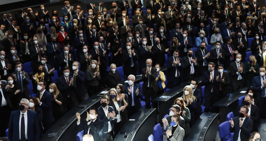 BERLIN, GERMANY - FEBRUARY 27: Lawmakers give standing ovation to the Ukranian ambassador to Germany Andrij Melnyk before a speech of German Chancellor Olaf Scholz on the Russian invasion of the Ukrai ...