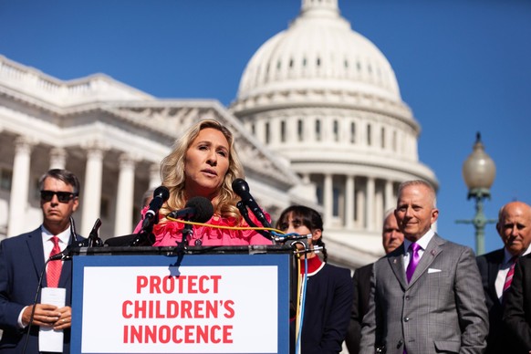 House bill prohibiting gender-affirming care Marjorie Taylor Greene R-GA speaks during a press conference on the Protecting Children s Innocence Act. Her proposed bill would prohibit the administratio ...