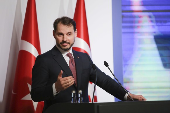 Berat Albayrak, Turkey's Treasury and Finance Minister, talks during a conference in Istanbul, Friday, Aug. 10, 2018, in a bid to ease investor concerns about Turkey's economic policy. Albayrak said t ...
