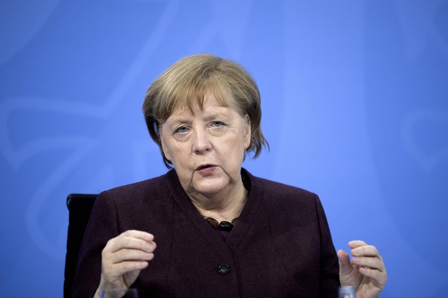 Angela Merkel, Coronavirus Crisis DEU, Deutschland, Germany, Berlin, 10.02.2021 Bundeskanzlerin Angela Merkel waehrend der Pressekonferenz nach der Telefonschaltkonferenz mit den Regierungschefs der L ...