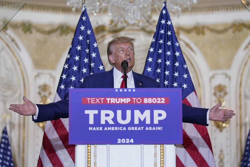 FILE - Former President Donald Trump speaks at his Mar-a-Lago estate on April 4, 2023, in Palm Beach, Fla., after being arraigned earlier in the day in New York City. After his initial court appearanc ...