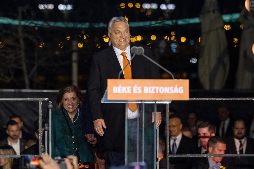 BUDAPEST, HUNGARY - APRIL 03: Hungarian Prime Minister Viktor Orbán arrives to speak to supporters after the announcement of the partial results in parliamentary election on April 3, 2022 in Budapest, ...