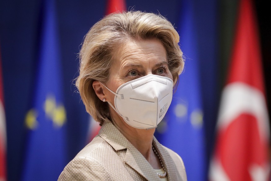 European Commission President Ursula von der Leyen waits for the start of a video conference meeting with Turkey&#039;s President Recep Tayyip Erdogan at the European Council building in Brussels, Fri ...