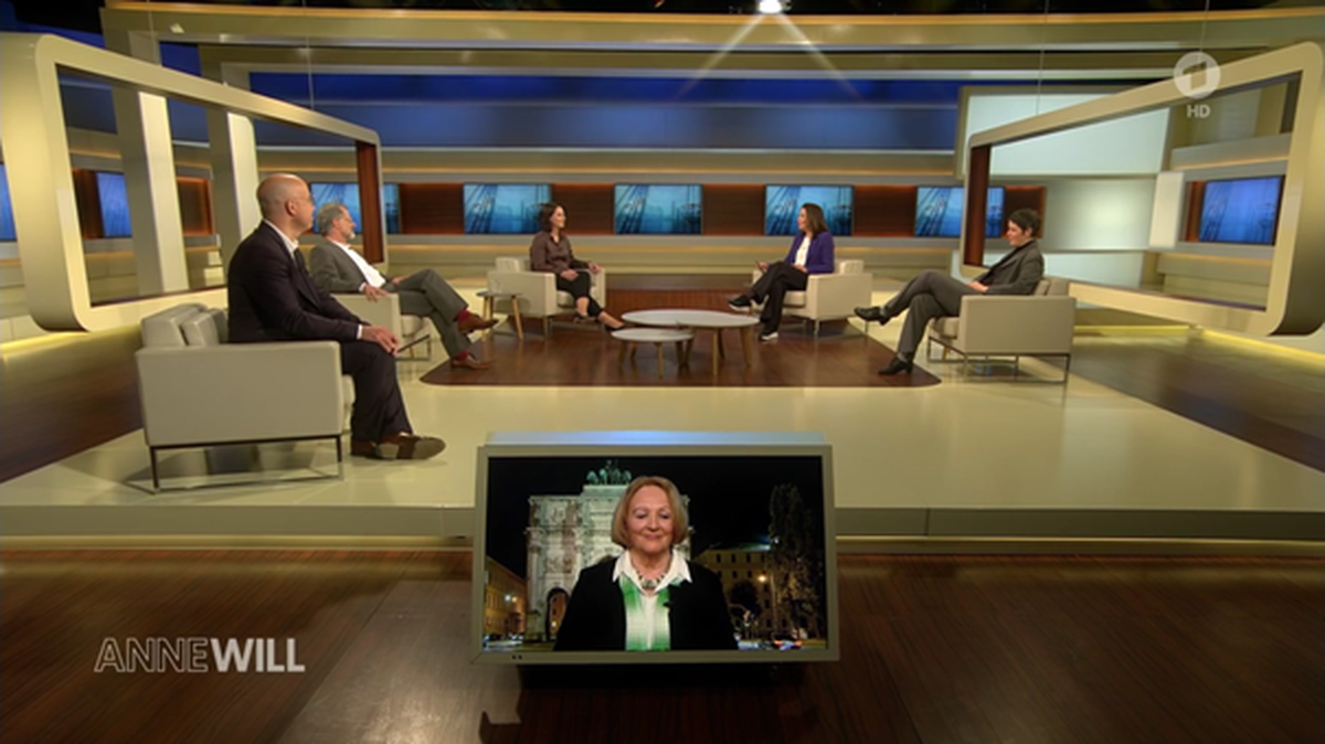 Die Gäste bei "Anne Will": Zugeschaltet Sabine Leutheusser-Schnarrenberger (m.), (v.l.n.r.) Gabriel Felbermayr, Wolfgang Merkel, Annalena Baerbock und Viola Priesemann.