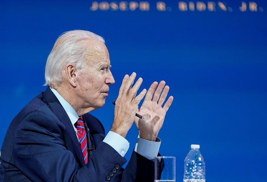 U.S. President-elect Joe Biden speaks as he holds a videoconference meeting with members of the U.S Conference of Mayors at his transition headquarters in Wilmington, Delaware, U.S., November 23, 2020 ...