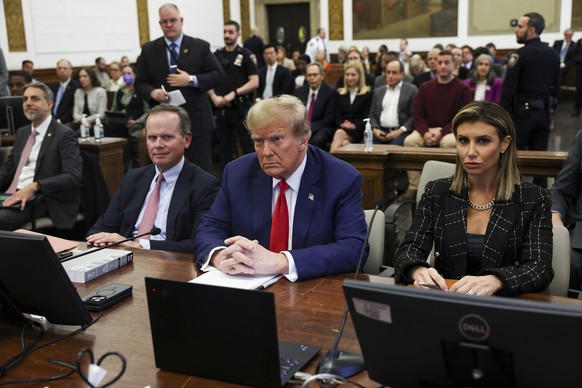 Former U.S. President Donald Trump, with lawyers Christopher Kise and Alina Habba, attends the closing arguments in the Trump Organization civil fraud trial at New York State Supreme Court in the Manh ...