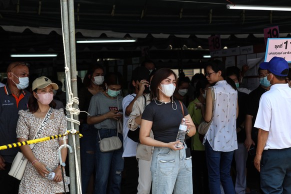 May 7, 2023, Bangkok, Thailand: Thai electors queue to cast their ballot during advance voting ahead of general elections at a polling station near Wat That Thong in Bangkok, Thailand, May 7, 2023. Ba ...