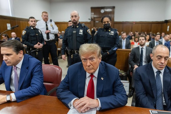 Former President Donald Trump waits for his trial to begin at Manhattan Criminal Court in New York on Thursday, May 16, 2024. Michael Cohen, a one-time fixer and personal attorney to Trump, is expecte ...