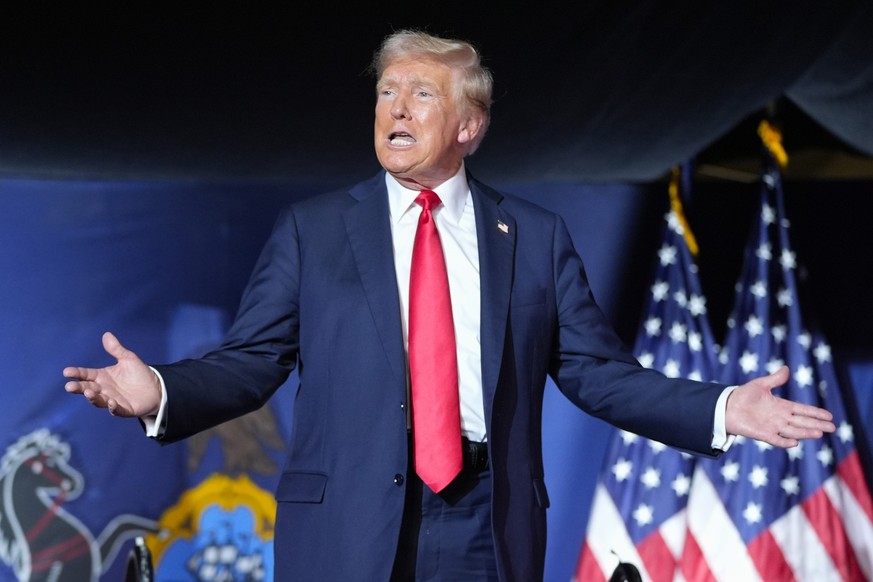 FILE - Republican presidential candidate former President Donald Trump arrives to speak at a campaign rally, July 31, 2024, in Harrisburg, Pa. Trump&#039;s false attacks on Vice President Kamala Harri ...