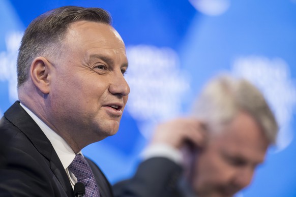 Andrzej Duda, President of Poland, addresses a panel session during the 51st annual meeting of the World Economic Forum, WEF, in Davos, Switzerland, on Tuesday, May 24, 2022. The forum has been postpo ...