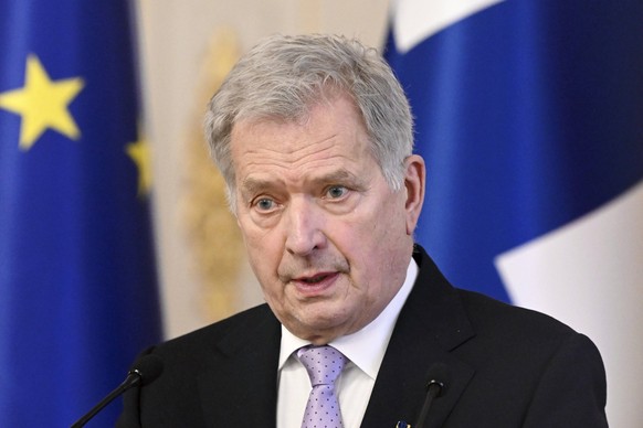 Finnish President Sauli Niinistö R during the press conference with Governor General of Canada Mary Simon not in the picture at the Presidential Palace in Helsinki, Finland, on February 7, 2023. Gover ...