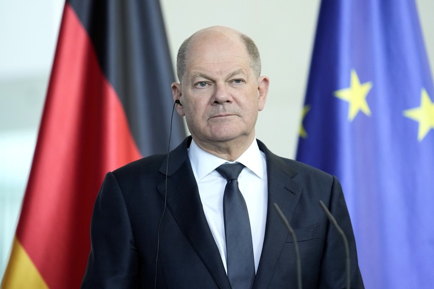 German Chancellor Olaf Scholz attends a joint press conference with Montenegro&#039;s Prime Minister Milojko Spajic in the chancellory in Berlin, Monday, April 29, 2024. (AP Photo/Ebrahim Noroozi)
