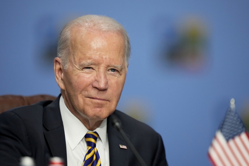 United States President Joe Biden attends a meeting of the NATO-Ukraine Council during a NATO summit in Vilnius, Lithuania, Wednesday, July 12, 2023. NATO leaders gathered Wednesday to launch a highly ...