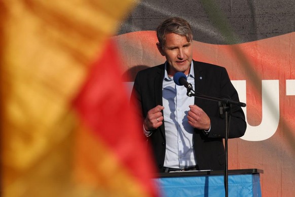 HALDENSLEBEN, GERMANY - MAY 28: Far-right politician Bjoern Hoecke of the right-wing Alternative for Germany (AfD) speaks to AfD supporters at an election campaign rally ahead of upcoming state electi ...