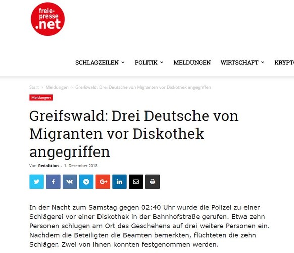 Die rechte Website "freie-presse.net" verbreitet die Polizeimeldung.