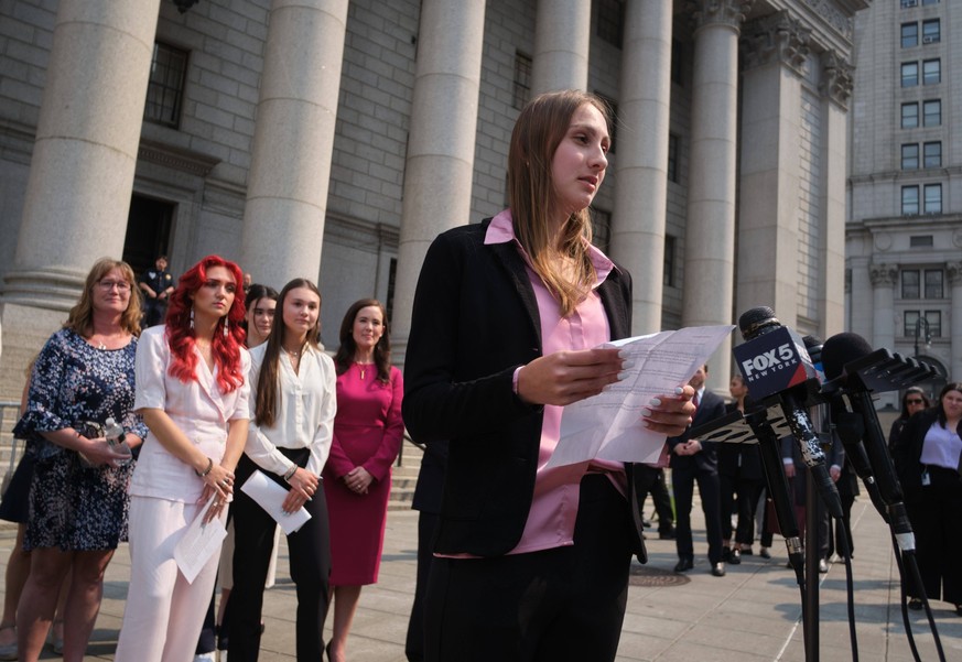 June 6, 2023, New York, New York, USA: Connecticut female high school athlete, Chelsea Mitchell speaks outside Thurgood Marshall United States Courthouse after suing the Connecticut school system for  ...