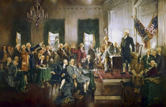 USWahl2024, die großen Präsidenten, George Washington George Washington presiding over the Philadelphia Convention, with Alexander Hamilton and Benjamin Franklin being present among others. The artwor ...