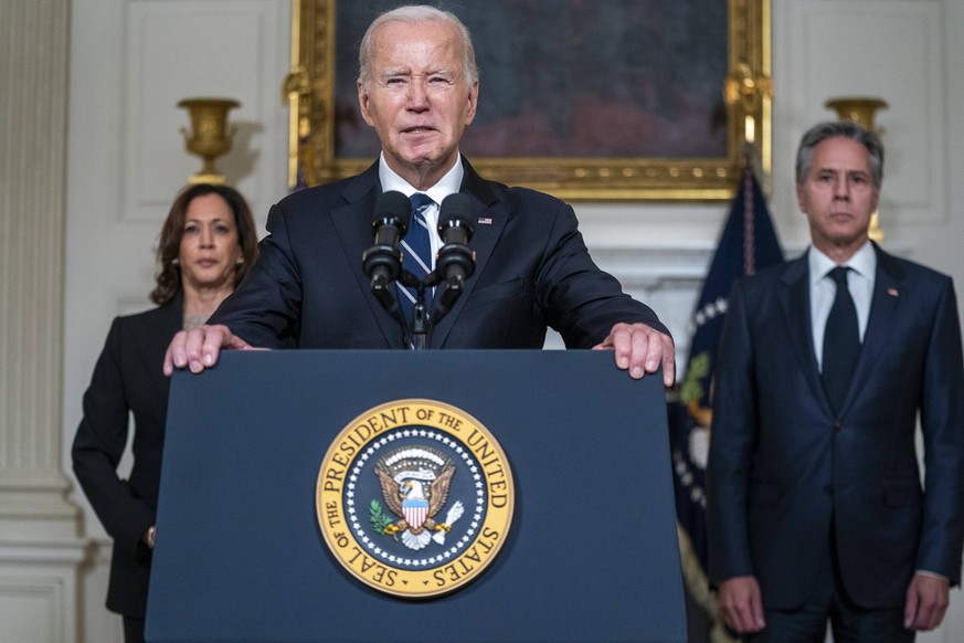 President Joe Biden delivers remarks with Vice President Kamala Harris and Secretary of State Antony Blinken on the terrorist attacks in Israel from the State Dining Room of the White House in Washing ...