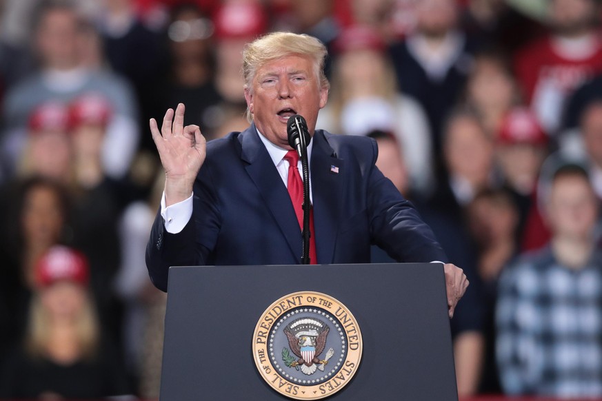 BATTLE CREEK, MICHIGAN - DECEMBER 18: President Donald Trump addresses his impeachment during a Merry Christmas Rally at the Kellogg Arena on December 18, 2019 in Battle Creek, Michigan. While Trump s ...
