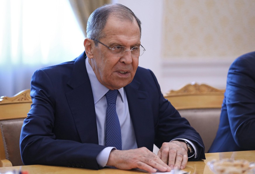 MOSCOW, RUSSIA APRIL 16, 2021: Russia s Foreign Minister Sergei Lavrov speaks during talks with Lebanon s Prime Minister Saad Hariri at the reception house of the Russian Ministry of Foreign Affairs i ...