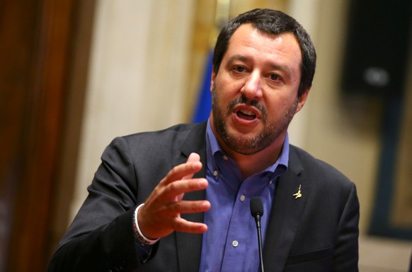 FILE PHOTO: League party leader Matteo Salvini speaks at the media after a round of consultations with Italy's newly appointed Prime Minister Giuseppe Conte at the Lower House in Rome, Italy, May 24,  ...