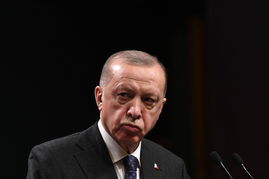 Turkish President Recep Tayyip Erdogan speaks to the media after talks with Dutch Prime Minister Mark Rutte, in Ankara, Turkey, Tuesday, March 22, 2022. Depo Photos 17470966