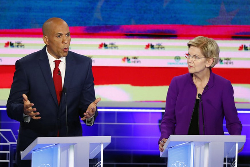 Democratic presidential candidate Sen. Cory Booker, D-N.J., speaks during a Democratic primary debate hosted by NBC News at the Adrienne Arsht Center for the Performing Art, Wednesday, June 26, 2019,  ...