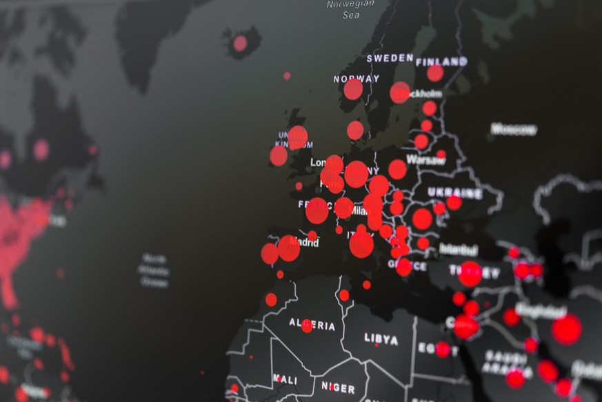 World map showing the spread of coronavirus covid-19 pandemic virus, focus on Europe