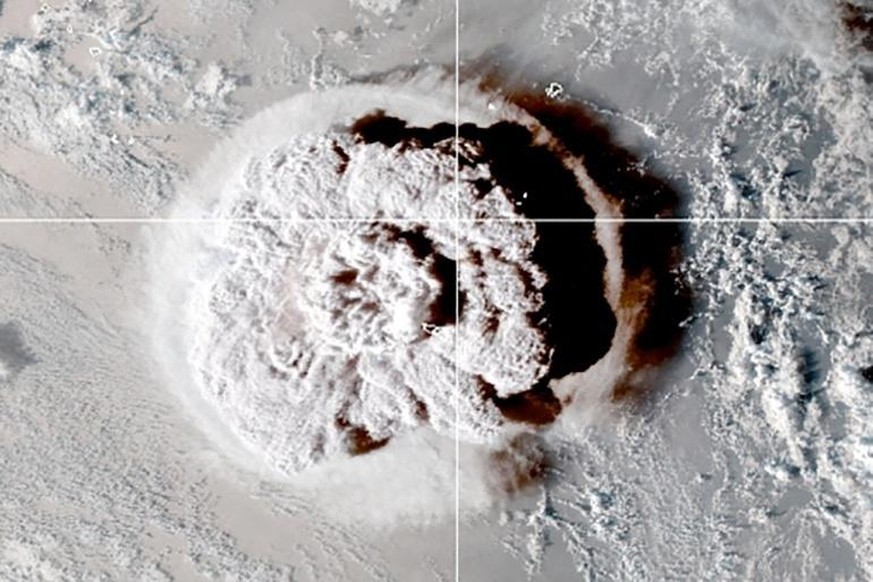 January 15, 2022 - Tonga - The eruption of an underwater volcano off Tonga, which triggered a tsunami warning for several South Pacific island nations, is seen in an image from the NOAA GOES-West sate ...