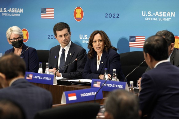 U.S. Vice President Kamala Harris speaks next to Transportation Secretary Pete Buttigieg during a plenary session of the US-ASEAN Summit at the State Department in Washington, DC on Friday, May 13, 20 ...