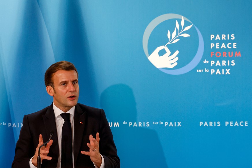 French President Emmanuel Macron gestures as he speaks during The Paris Peace Forum at The Elysee Palace in Paris, France November 12, 2020. Ludovic Marin/Pool via REUTERS