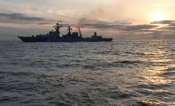 CRIMEA, RUSSIA FEBRUARY 14, 2022: Pictured in this video screen grab is the Russian Navy s guided missile cruiser Moskva taking part in naval artillery drills based on a scenario in which the objectiv ...