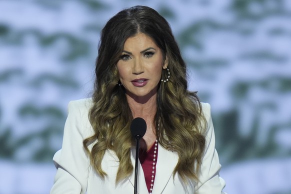 Gov. Kristi Noem, R-ND., speaking during the first day of the Republican National Convention, Monday, July 15, 2024, in Milwaukee. (AP Photo/J. Scott Applewhite)