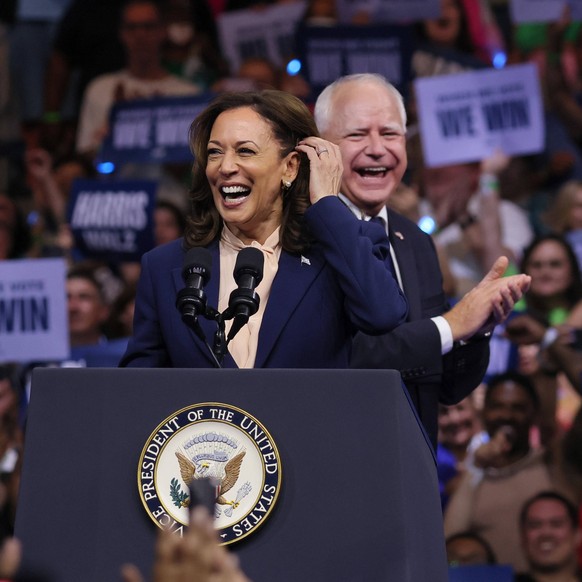 Vice President Kamala Harris takes the stage at her first campaign rally stop after choosing Minnesota Gov. Tim Walz as her vice presidential running mate at Temple University on Tuesday, August 6, 20 ...