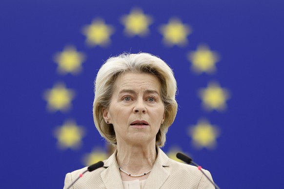 European Commission President Ursula von der Leyen delivers her speech at European Parliament Wednesday, Jan. 17, 2024 in Strasbourg, eastern France. Members of the parliament will discuss the results ...
