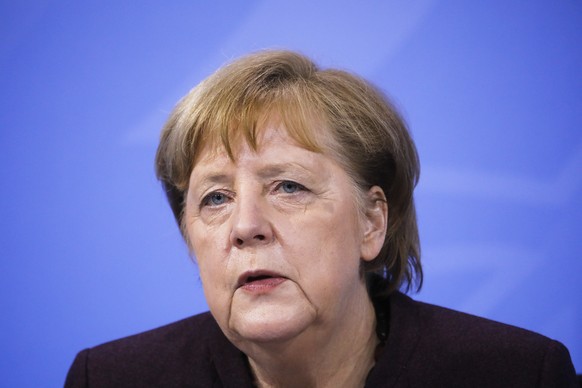 10.02.2021, Berlin: Bundeskanzlerin Angela Merkel (CDU) spricht w�hrend einer Pressekonferenz nach einer Videokonferenz mit den Ministerpr�sidenten der L�nder im Kanzleramt. Foto: Markus Schreiber/AP/ ...