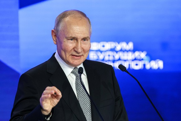 RUSSIA, MOSCOW - JULY 13, 2023: Russia s President Vladimir Putin makes remarks during a plenary session of the Future Technologies Forum Computing and Communication. The Quantum World at Moscow s Wor ...