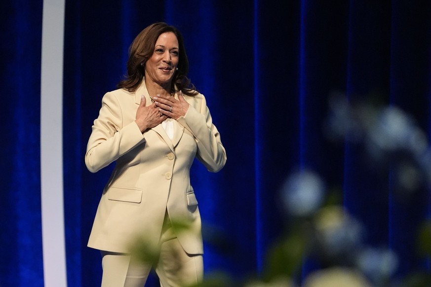 Vice President Kamala Harris is introduced during the Zeta Phi Beta Sorority, Inc.&#039;s Grand Boulé, in Indianapolis, July 24, 2024. (AP Photo/Darron Cummings)