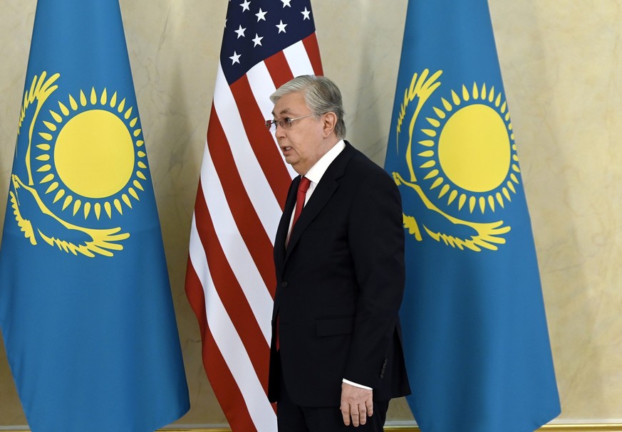 Kazakhstan&#039;s President Kassym-Jomart Tokayev waits for U.S. Secretary of State Antony Blinken at Ak Orda Presidential Palace in Astana Tuesday, Feb. 28, 2023. (Olivier Douliery/Pool Photo via AP)