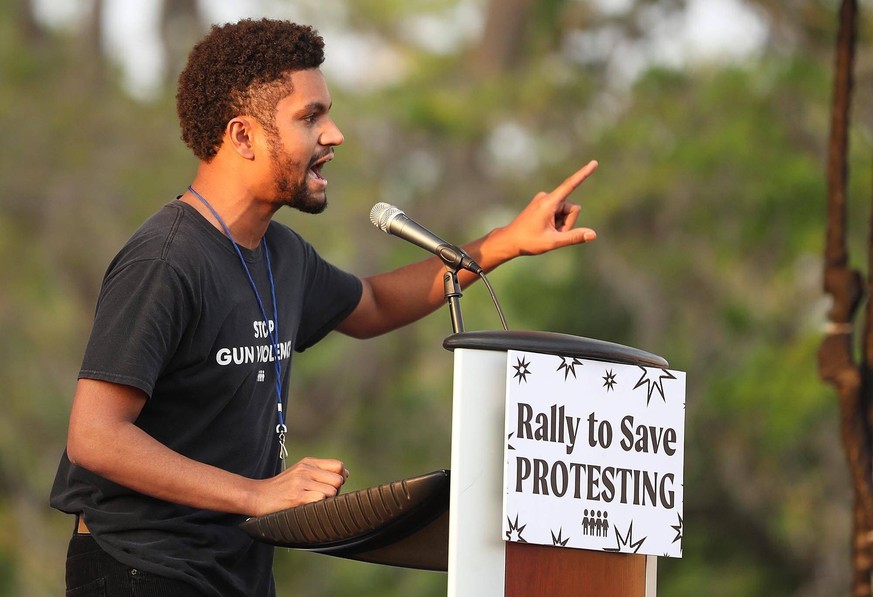 June 3, 2022: Maxwell Frost, National Organizing Director for March For Our Lives, speaks during a March For Our Lives Florida drive-in rally and aid event at Tinker Field in Orlando on Friday, March  ...